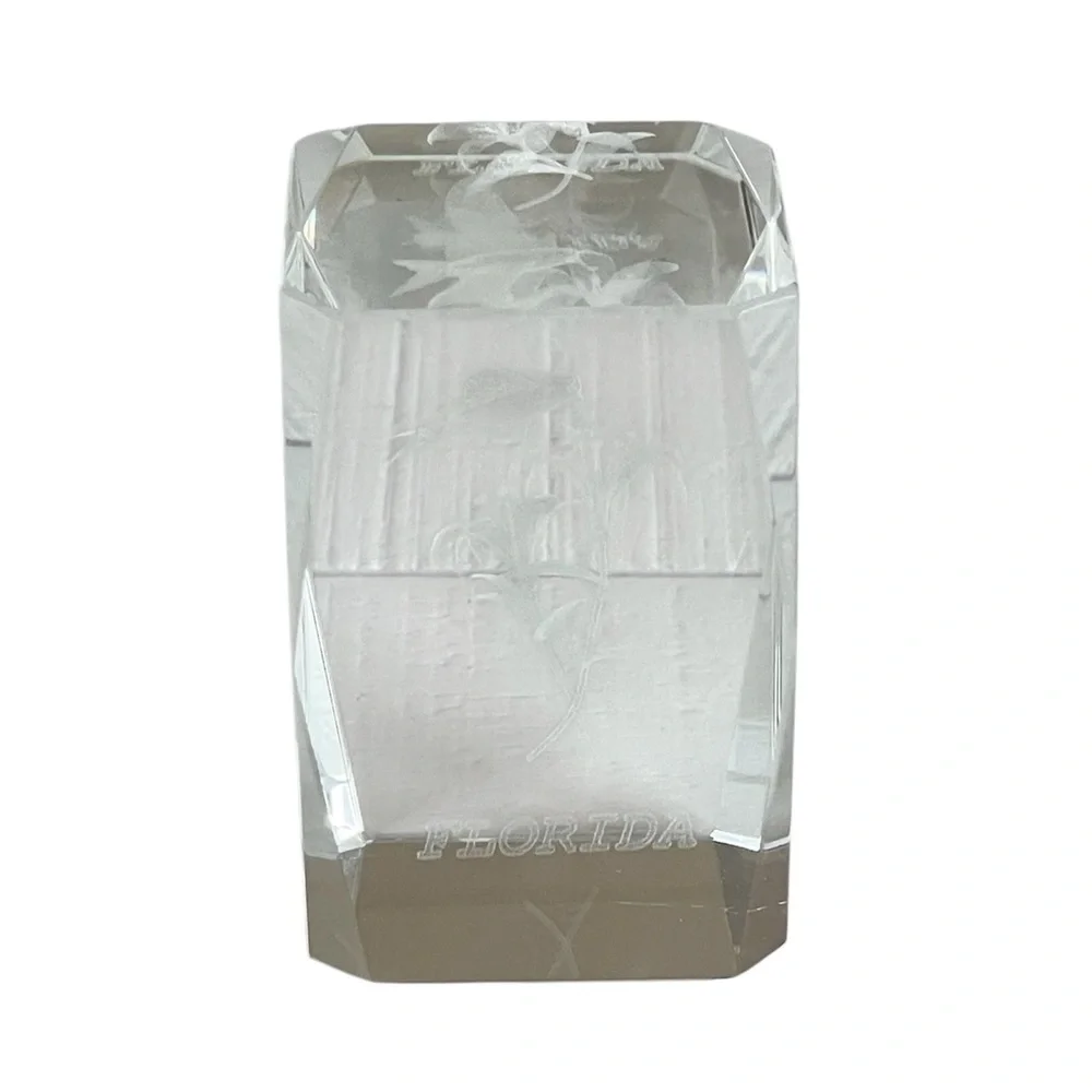 Clear Glass 3D Laser Etched Florida Hummingbird Lillies Small Tower Paperweight